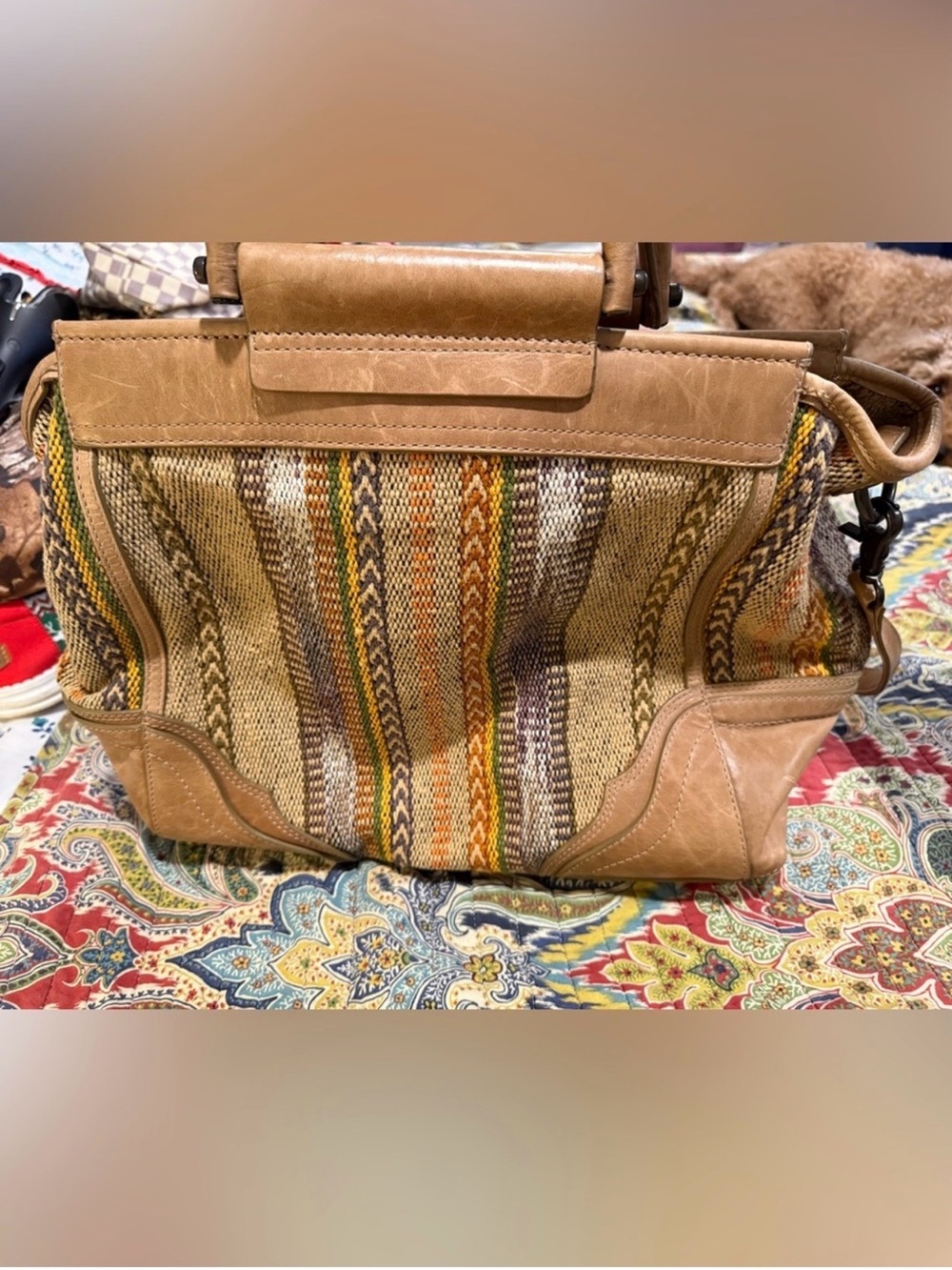 Frye Tan Leather-Trim Woven Multicolor Satchel